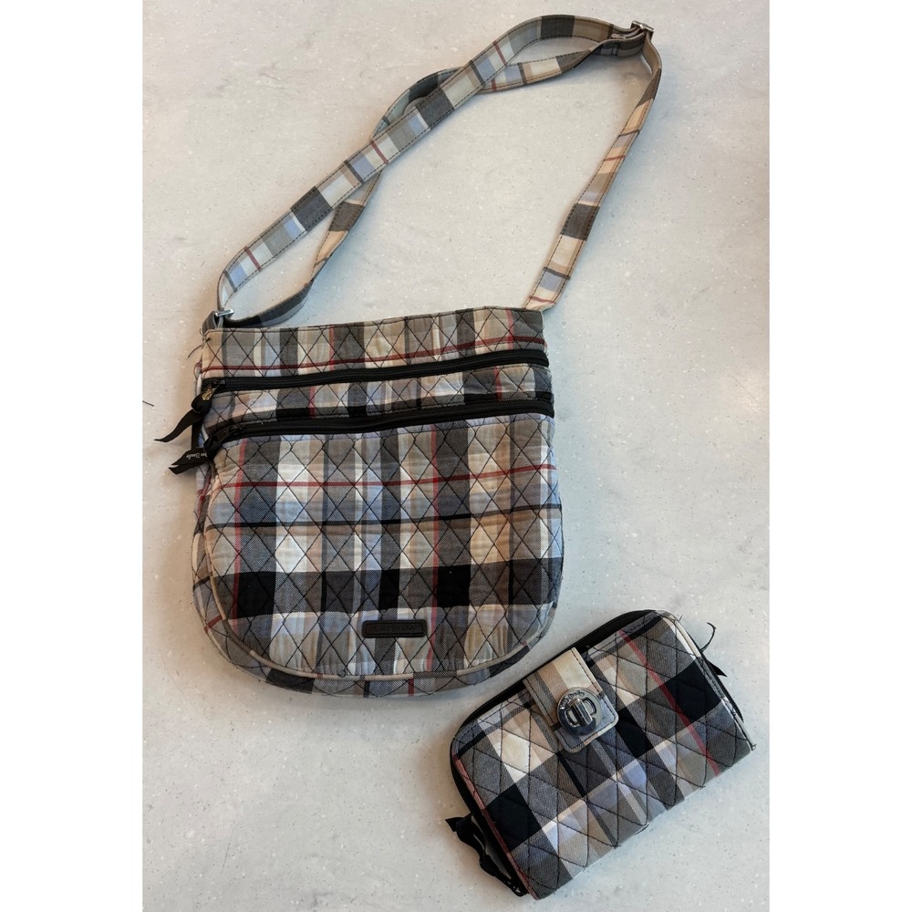 Vera Bradley Plaid Quilted Crossbody Bag and Turnlock Wallet Set Gray Red